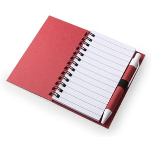 A red spiral-bound notebook with lined pages and a matching pen. It features a simple design.
