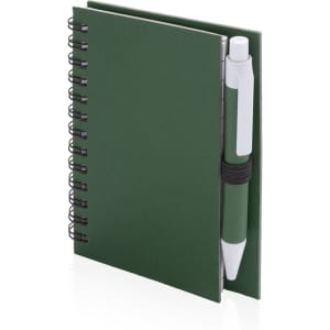 A green spiral notebook with a matching pen secured in a side holder.