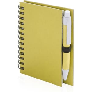 A yellow spiral-bound notebook with a matching pen attached. The notebook has a plain cover and a sleek design.