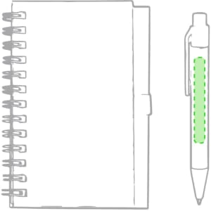 A spiral-bound notebook in grey with a green accent, accompanied by a pen featuring a green grip.