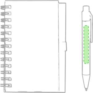 A spiral-bound notebook with a plain cover beside a green-highlighted pen. The notebook features a logo.