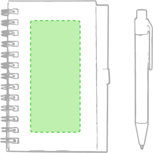 A spiral-bound notebook in white with a green rectangular section and a pen beside it.
