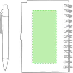 A green notebook with a spiral binding, accompanied by a white pen, featuring a blank area on the cover.
