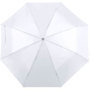 A clear umbrella with eight panels and a central hub, featuring a simple design and a branded logo.