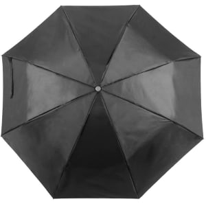 A black umbrella with a smooth finish and a central button, featuring multiple panels.