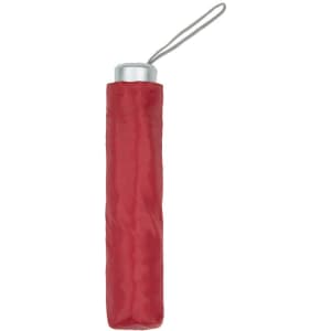 A red umbrella with a silver top and a carrying strap, folded neatly for storage.