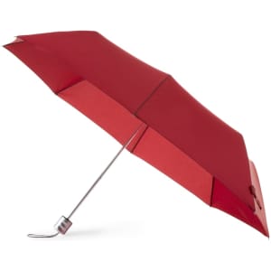 A red umbrella featuring a curved handle and a sleek design, with a metallic shaft and a branding logo.