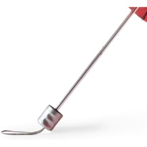 A red umbrella with a silver handle, featuring a metallic end piece.