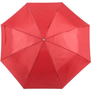 A red umbrella with a glossy finish and a central silver button, featuring eight panels.