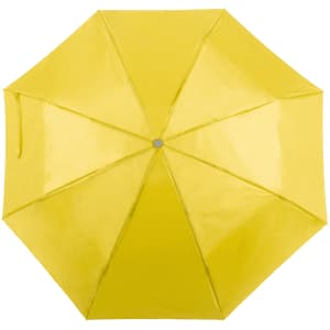 A yellow umbrella with a glossy finish featuring eight panels and a central hub, designed for leisure and outdoor use.