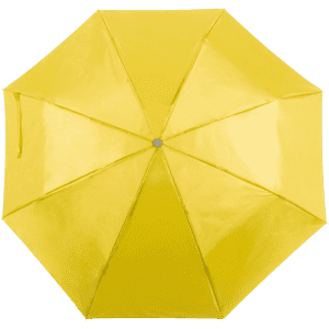 A yellow umbrella with a glossy finish, featuring a central button and multiple ribs for support.