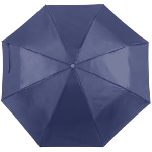 A navy umbrella featuring a smooth, glossy finish and a central opening mechanism. It has a logo on the handle.