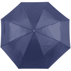 A navy blue umbrella with eight panels, featuring a centre button and a smooth surface. It has a logo on it.