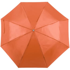 An orange umbrella with a glossy finish, featuring eight panels and a central button.