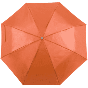 An orange umbrella with a sleek, glossy finish and a central button for opening and closing.