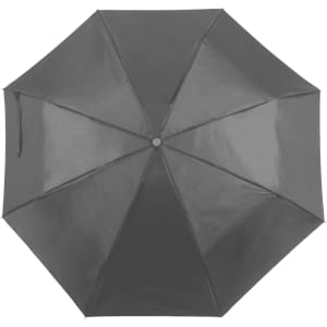 A grey umbrella with a sleek, smooth surface and a central button, featuring a simple design and eight panels.
