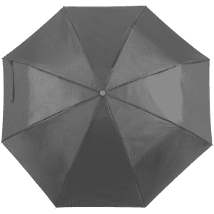 A navy blue umbrella with a sleek, shiny surface and a central peg, featuring a branding logo.