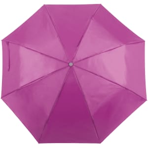 A pink umbrella featuring a glossy finish and a central button, with eight canopy segments.