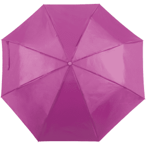A pink umbrella with a smooth finish and a central opening mechanism. It features a simple design and has a logo.