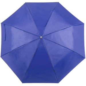 A blue Ziant umbrella featuring an octagonal design and a central button. It has a logo on the canopy.