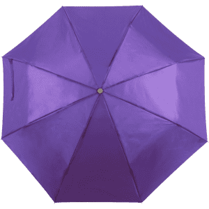 A purple umbrella featuring a smooth, shiny surface and a central rivet. It has a logo on its handle.