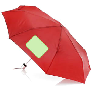 A red umbrella with a central handle and a logo on the side, designed for leisure and outdoor use.