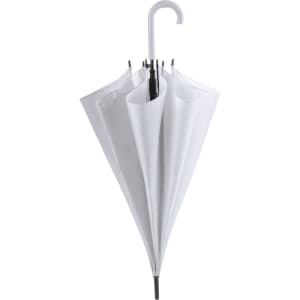 A white umbrella with a curved handle, featuring a logo on the canopy. It has multiple sections for coverage.