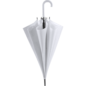 A white umbrella with a curved handle and multiple ribs, featuring a simple design. It includes a logo on the canopy.