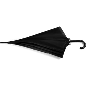 A black umbrella with a curved handle, featuring a sleek design and an integrated logo.