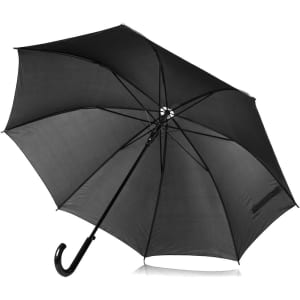 A black umbrella with a curved handle and a sturdy canopy, featuring a logo.
