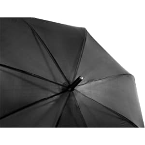 A black umbrella featuring a sleek design and a central supporting pole, showcasing its interior structure.