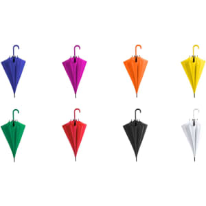 A collection of eight umbrellas in various colours: purple, yellow, orange, green, red, black, and white. Each has a hook handle.