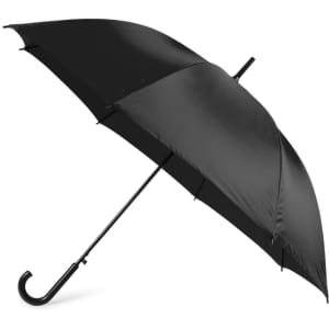 A black umbrella with a hook handle, featuring a sleek design and a branding logo.