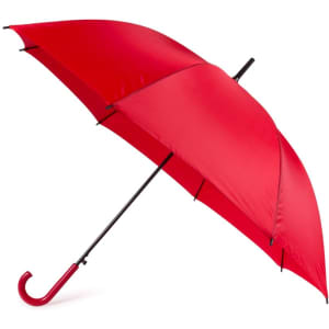 A red umbrella with a curved black handle and a black frame, featuring a simple design.