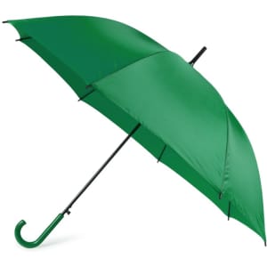 A green umbrella with a black handle, featuring a simple design and a branding logo.