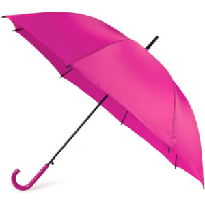 A pink umbrella with a black handle and a logo, featuring a classic curved design.