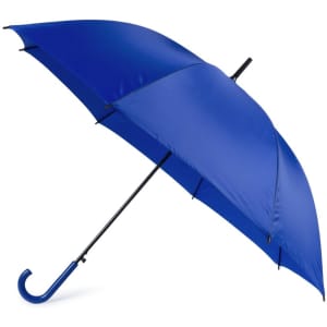 A blue umbrella with a black handle and a curved end, featuring a branding logo.