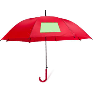 A red umbrella with a black handle, featuring a square area for branding or decoration.