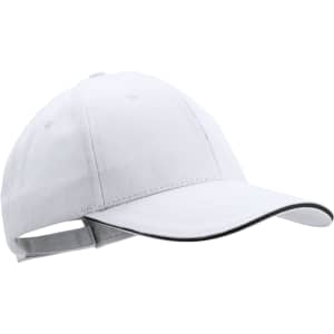 A white cap with a curved brim and an adjustable strap at the back, featuring a logo.