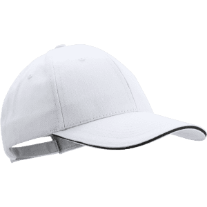 A white cap with a contrasting black brim and an adjustable strap at the back. It features a logo.