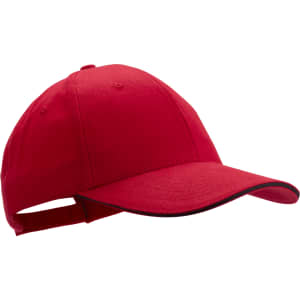 A red cap with a curved brim and an adjustable strap at the back. It features a logo on the front.