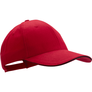 A red cap with a curved brim and an adjustable strap at the back, featuring a logo.