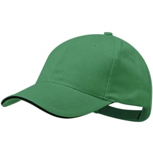 A green cap featuring a curved brim and an adjustable strap at the back. Includes a logo on the front.