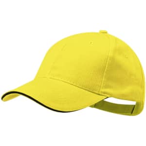 A yellow cap with a black trim and an adjustable strap at the back. It features a logo on the front.