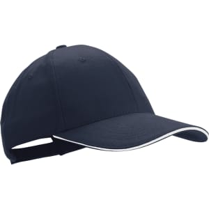 A navy blue cap with a curved peak, featuring white piping and an adjustable strap at the back.