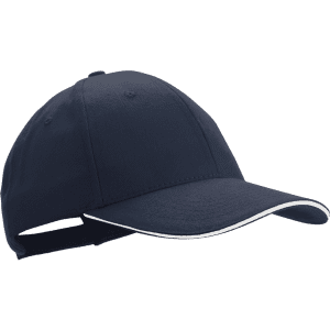 A navy cap featuring a curved brim and contrasting white trim, complete with an adjustable strap at the back.