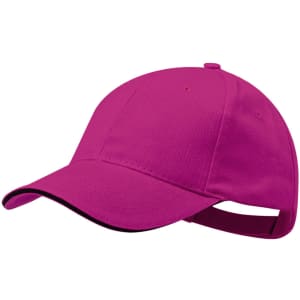 A pink cap with a curved brim and an adjustable strap at the back, featuring a logo.