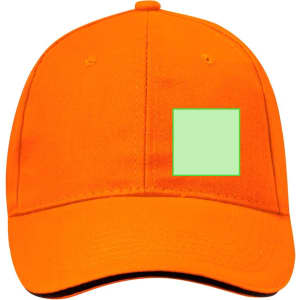 An orange cap featuring a blank area for customisation and a logo on the front.