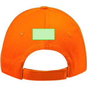 An orange cap with an adjustable strap and a blank area on the back for customisation.