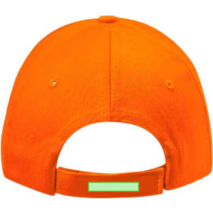 An orange cap featuring a rear adjustable strap and a logo, designed for headwear.